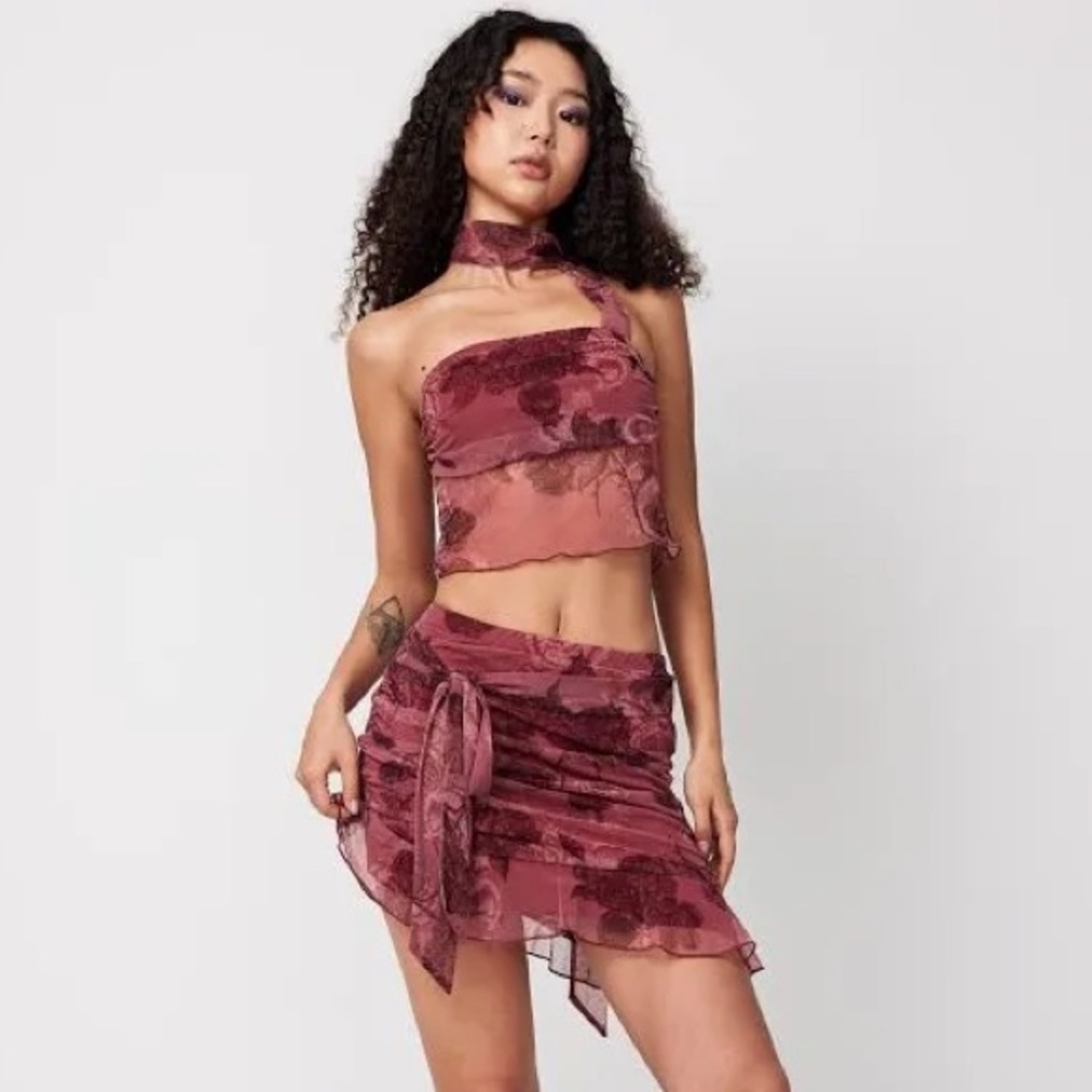 New Chiffon Pink Floral Mini Skirt